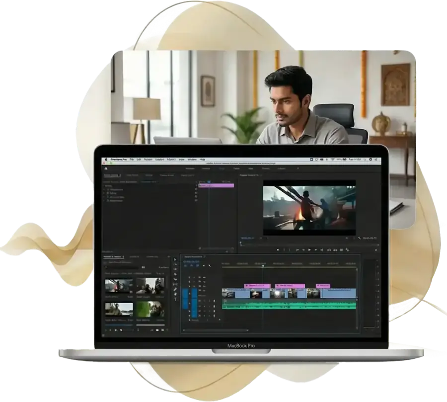 Student editing wedding films on MacBook Pro with Adobe Premiere Pro